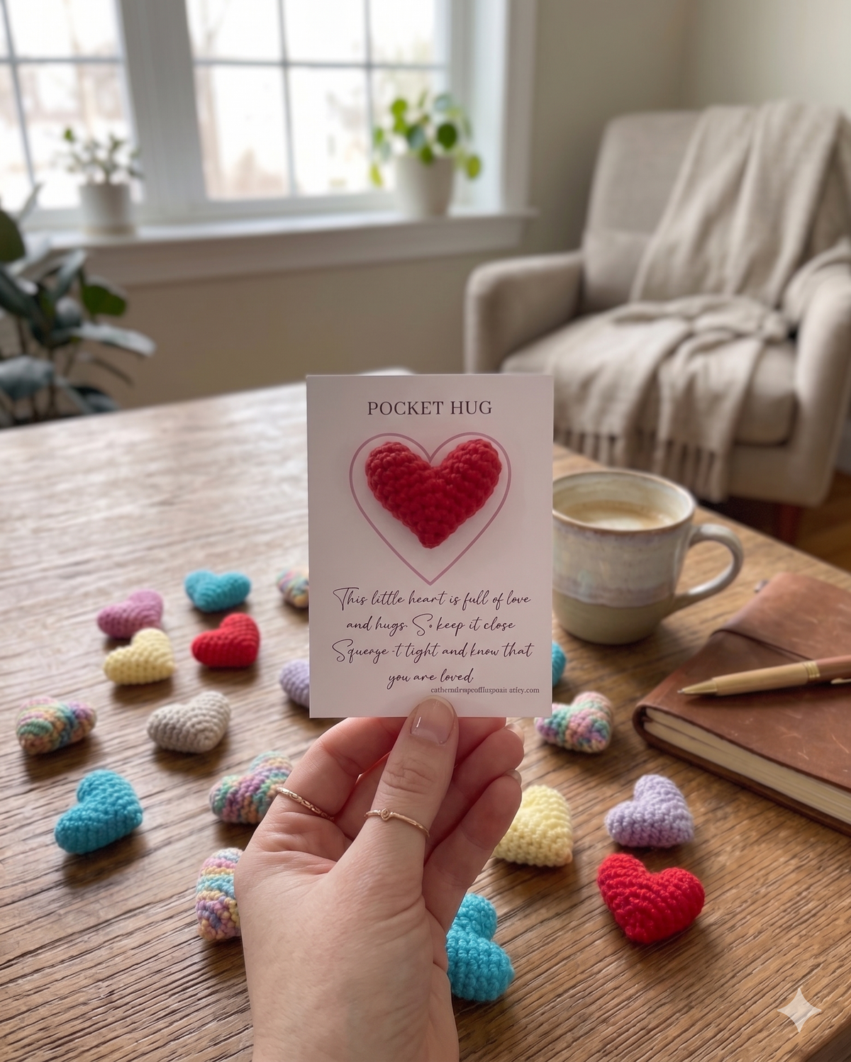 A hand holding a Pocket Hug card with a red crochet heart above a wooden table scattered with colorful hearts